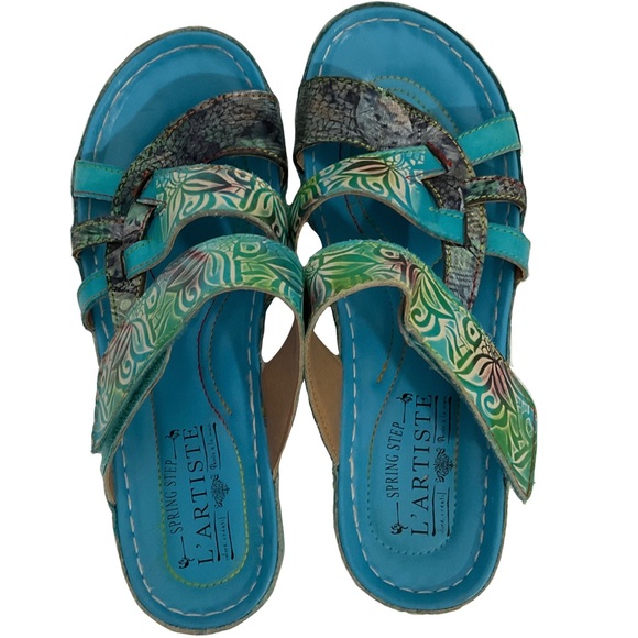 Spring Step L’Artiste Women’s Bright Turquoise Self Adhesive Closure Sandals 38 - Picture 1 of 14